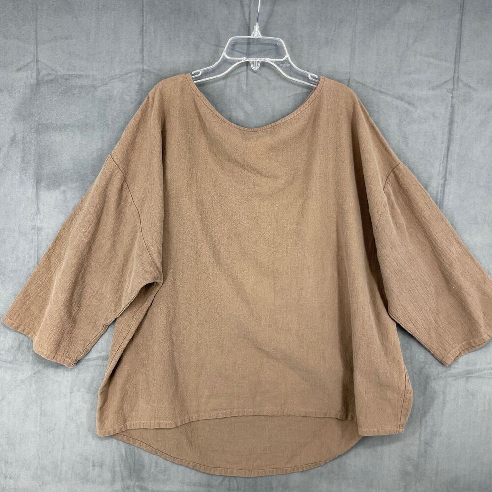 Soft Surroundings Shirt Womens XL Brown Cotton Oversized 3/4 Sleeves Pullover